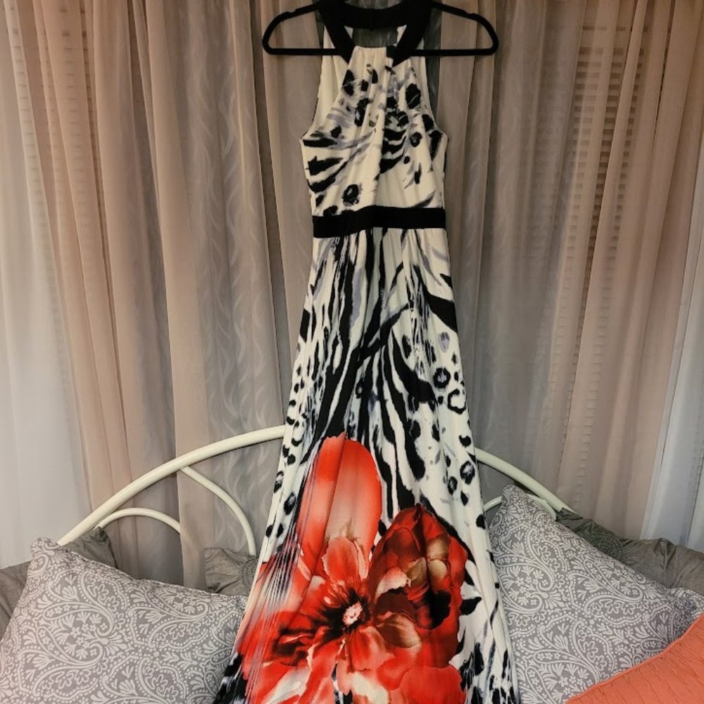 Halter Black and White Long Floral Dress Size 2